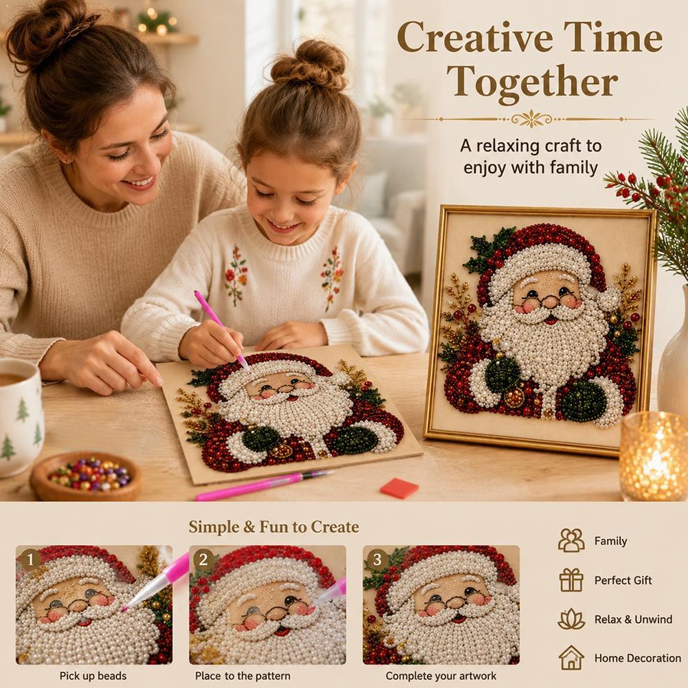 Embroidery Xmas - クリスマス サンタクロース パールアート DIYキット 額入りビーズ刺繍クラフト 壁飾り