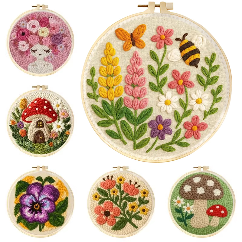 Punch Needle Handle - DIYパンチニードルキット キノコの花 簡単パンチニードル刺繍セット 初心者向け フープ付き スタンプパターン付き
