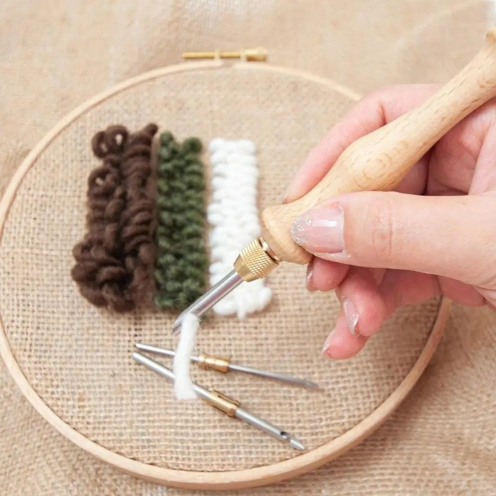 Punch Needle Handle - 2.5mm/3.5mm/5mm パンチニードルセット 木製ハンドル クリエイティブ刺繍ステッチペン 交換可能なヘッド DIYクラフトパンチステッチキット