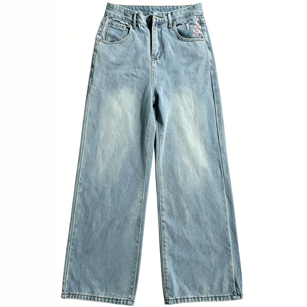 Embroidery Jeans Sakura - ハイウエストルーズストレートジーンズ ティーン向け カジュアルウォッシュドワイドレッグパンツ 桜刺繍入り ヴィンテージルーズフィット ストリートスタイル