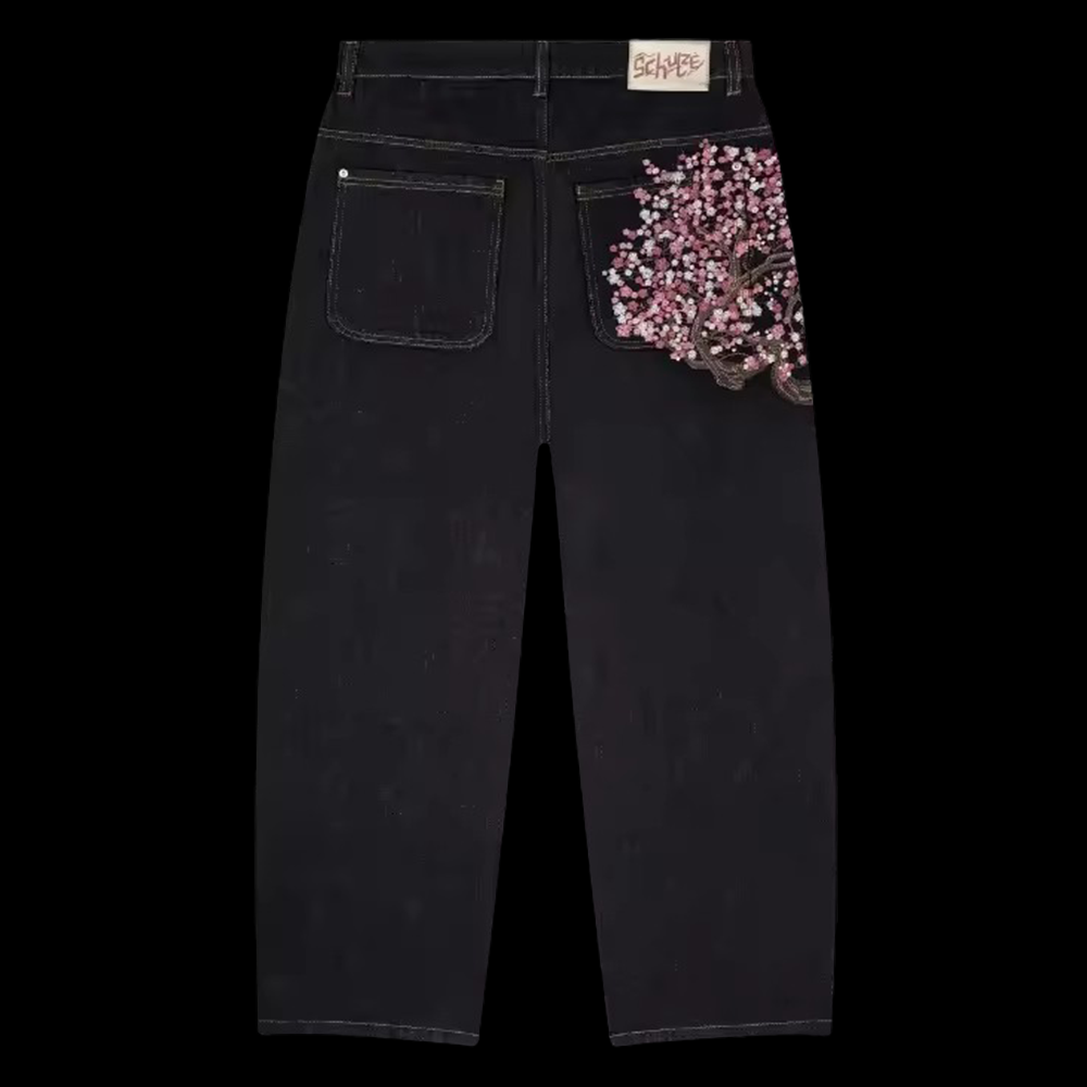 Embroidery Jeans Sakura - Y2K メンズ レディース 原宿ヒップホップ刺繍レトロ黒だぶだぶのジーンズローウエストワイドレッグパンツストリートウェアヴィンテージサクラジーンズ