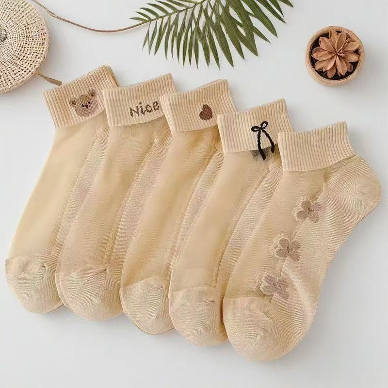 Embroidery On Socks - レディース シアー アイスシルク ポリエステル ボートソックス 刺繍入り