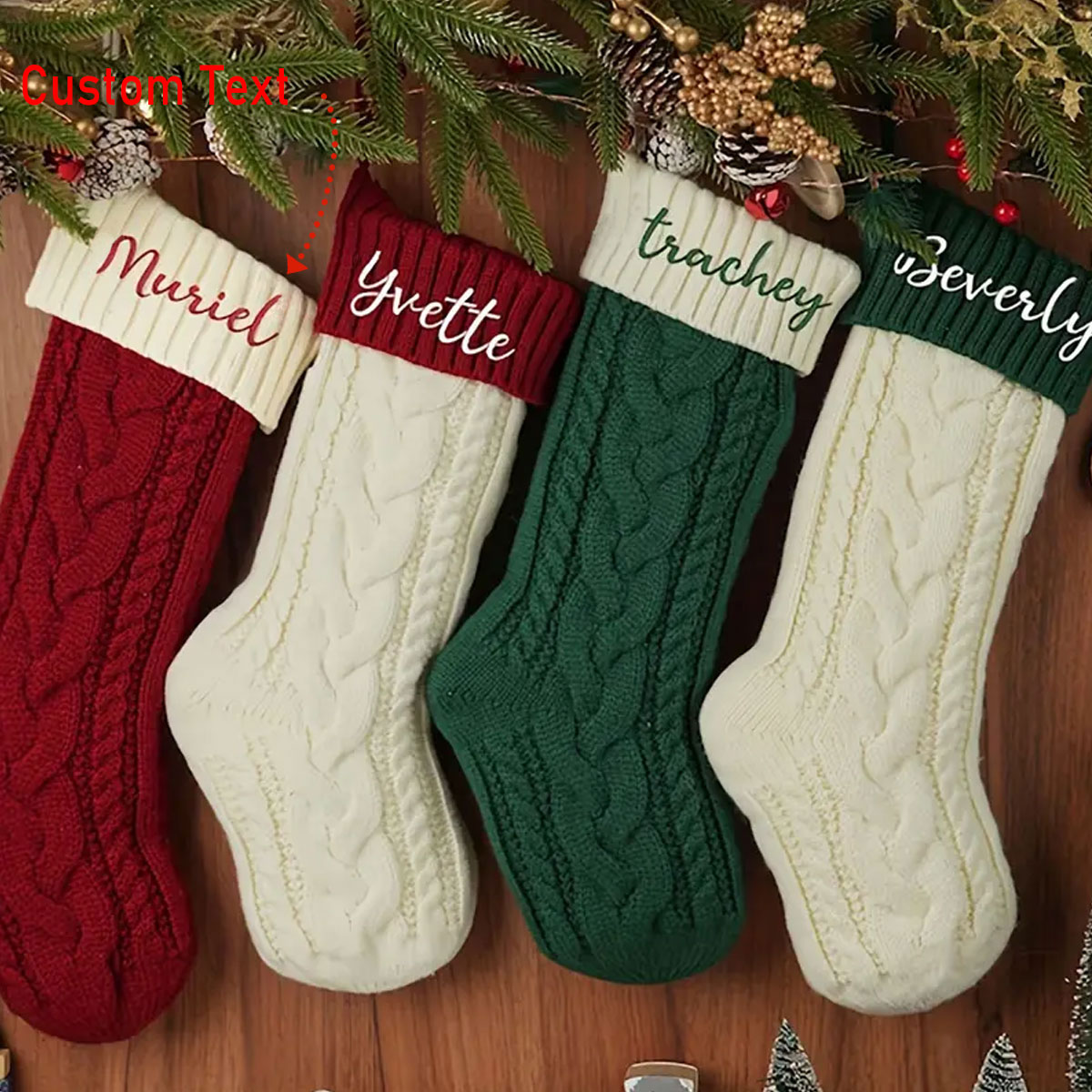 Embroidery Xmas - 刺繍名入りヴィンテージ風クリスマスストッキング1個、ホリデーストッキングギフトバッグ、ファミリークリスマスギフト