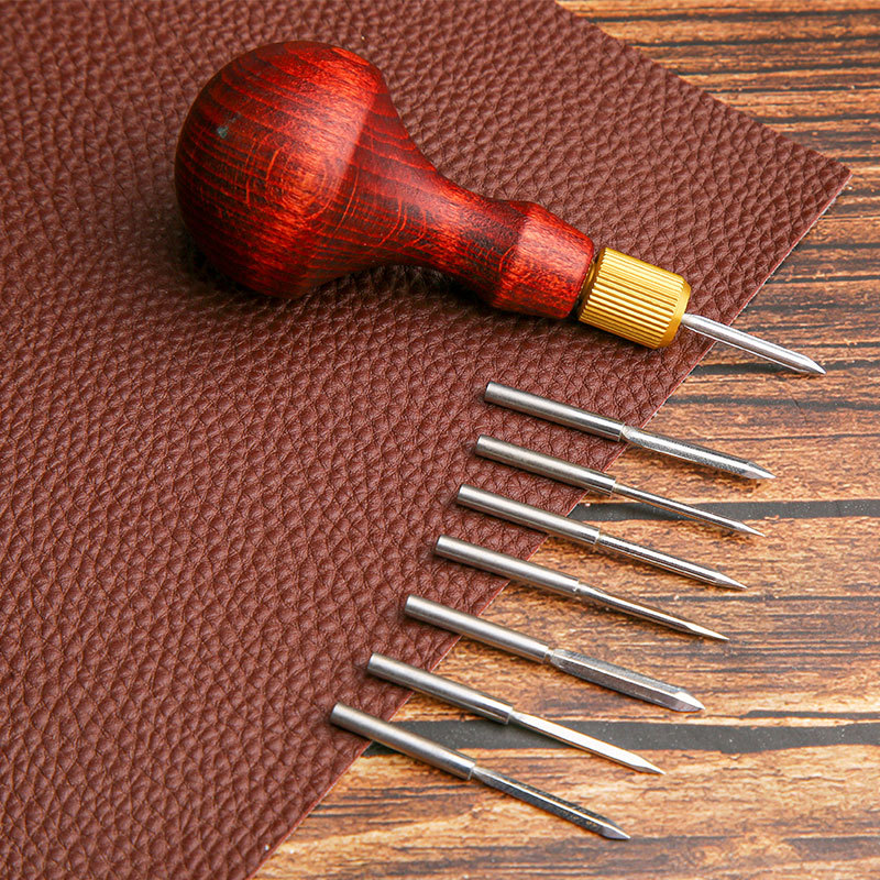 Punch Needle Handle - 日曜大工の革製パンチオール、交換可能なニードルヘッド、手作りパンチ、木製ハンドル、靴パンチ、ホールステッチツール、1セット