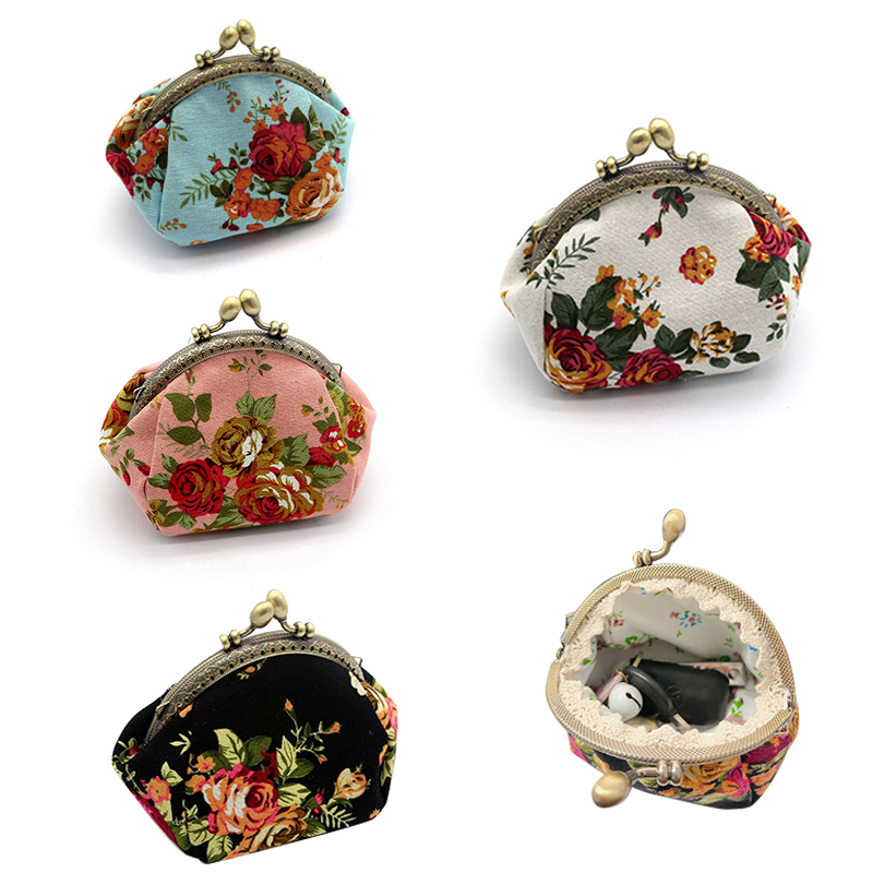 Embroidery Wallet - 女性用ヴィンテージローズプリントキャンバス小銭入れ、キスロッククリップファブリック財布カードバッグ収納バッグ