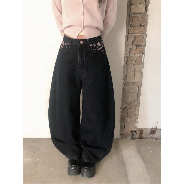 Embroidery Jeans Sakura - 2026年春 ハイウエスト桜刺繍ワイドレッグジーンズ おしゃれで万能な韓国風カジュアルコットンデニムパンツ