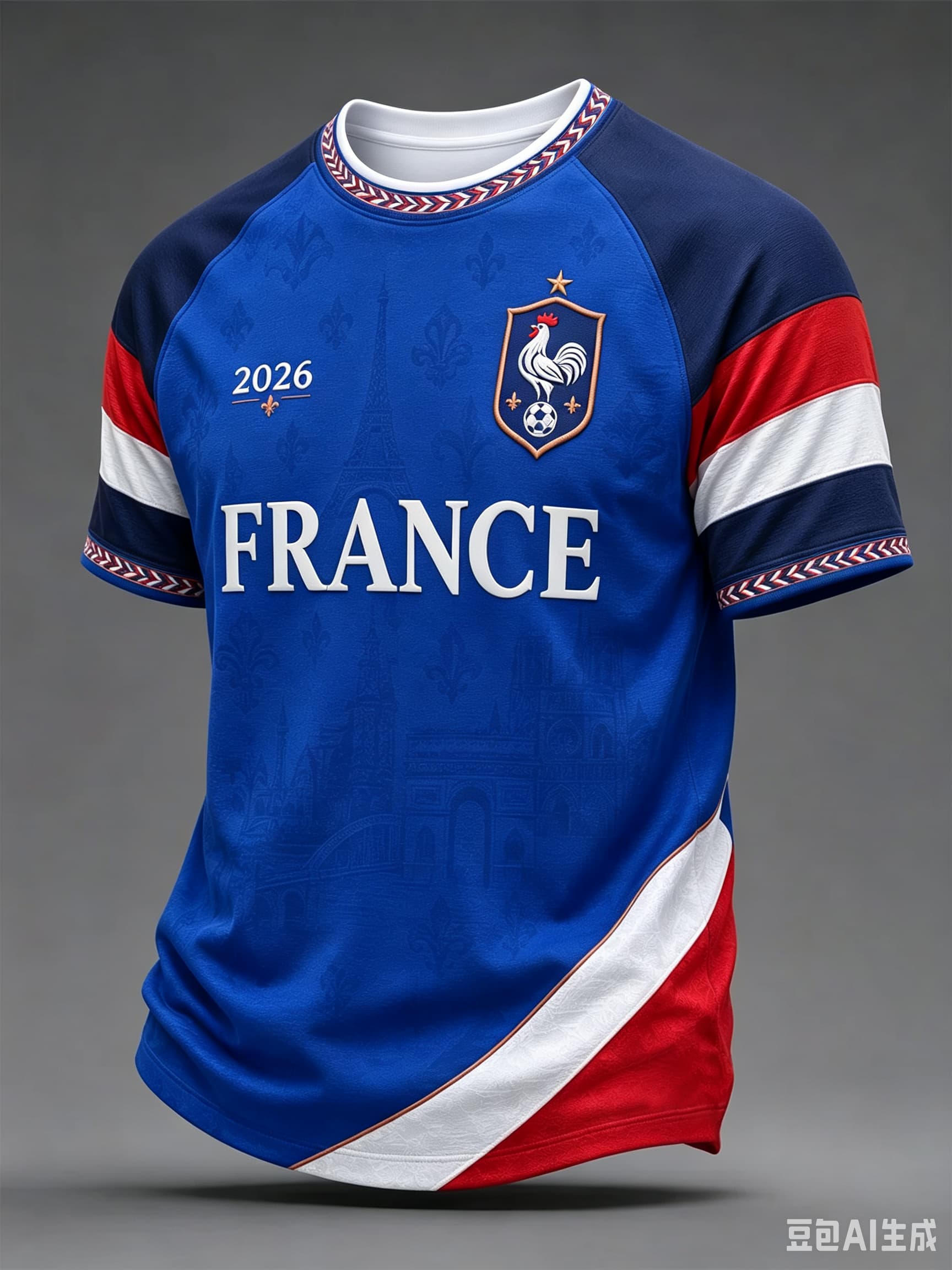 Embroidery Legacy - ヴィンテージ幾何学模様2026年サッカーユニフォーム ゴールドルースターエンブレム サイドフランス国旗ストライプ 半袖 メンズユニフォーム ファミリーマッチング