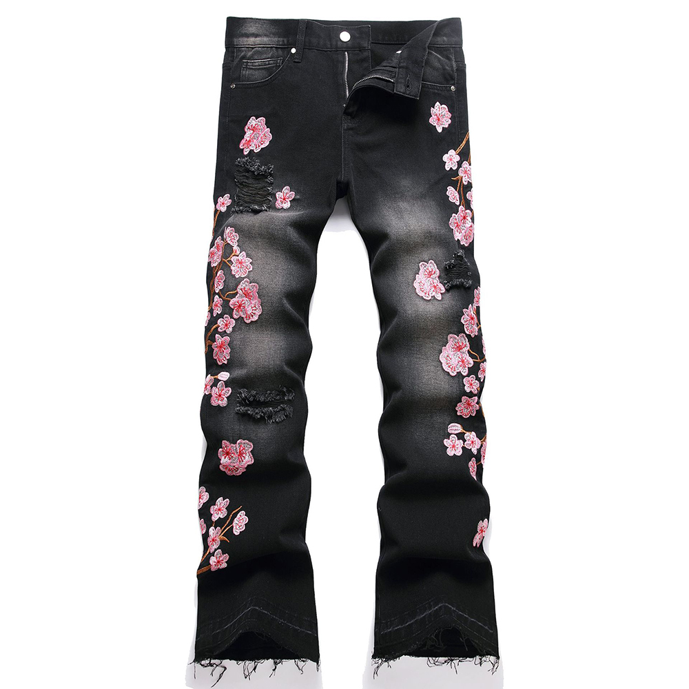 Embroidery Jeans Sakura - メンズ桜刺繍デニムジーンズストリートウェアブーツカットパンツリリース裾フレアパンツ破れと桜のデザイン