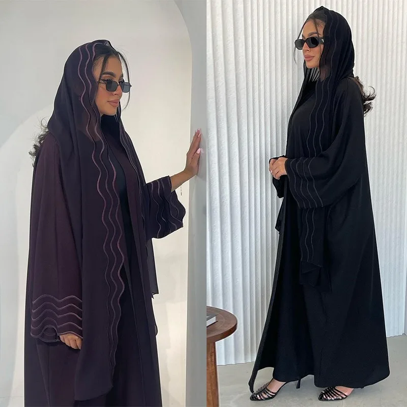 Embroidery Kaftan - 2025年新作アバヤ・アンダードレス・カフタン・ソリッド・ラマダン・ムスリムセット・精巧な刺繍入り刺繍コートとヘッドバンド付きイスラム服