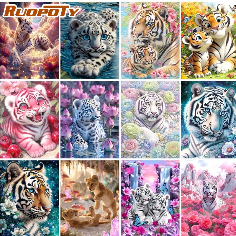 Embroidery Ideas For Bags - RUOPOTY ダイヤモンドペインティングキット オリジナルギフト ダイヤモンド刺繍 タイガー フルラウンド/スクエア
