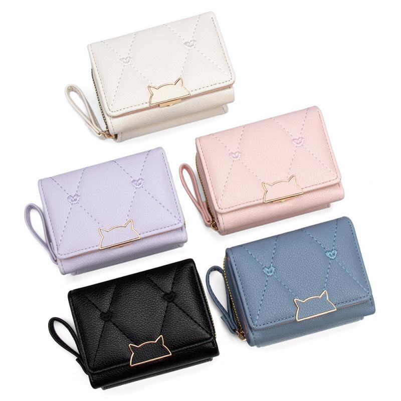 Embroidery Wallet - PUレザーショートウォレット 猫のバックルとハート刺繍付き 10代の女の子向け 日常使用 カジュアルショッピング