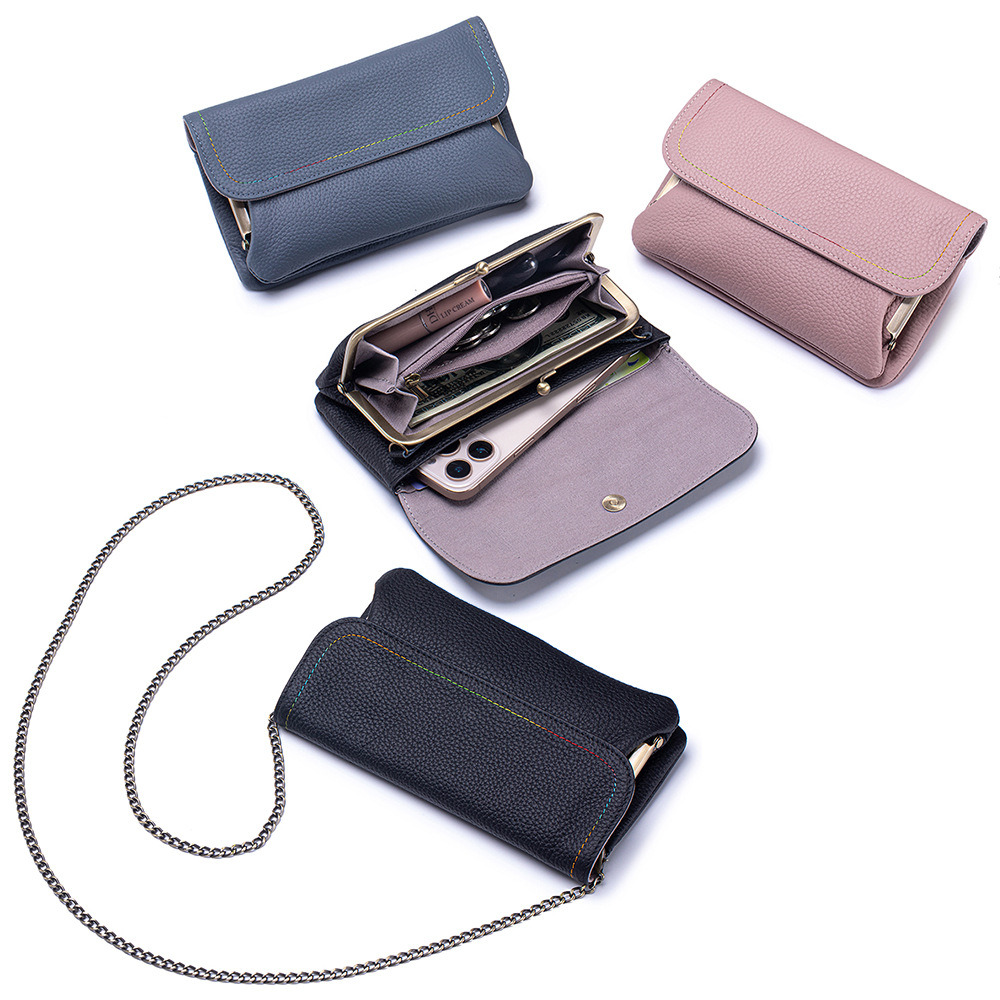 Embroidery Wallet - 本革ショルダーフォンチェーンバッグ、トレンディなクラッチウォレット、牛革コインパース、リップスティックイヤホンポーチ、カードホルダー（女性用）