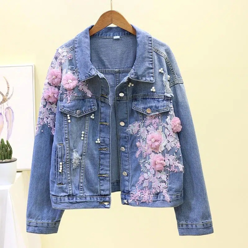 Embroidery Jeans Sakura - 2022 新刺繍デニムショートジャケット女性春秋アップリケダイヤモンド穴コートルーズトップス学生ジーンズアウタージャケット