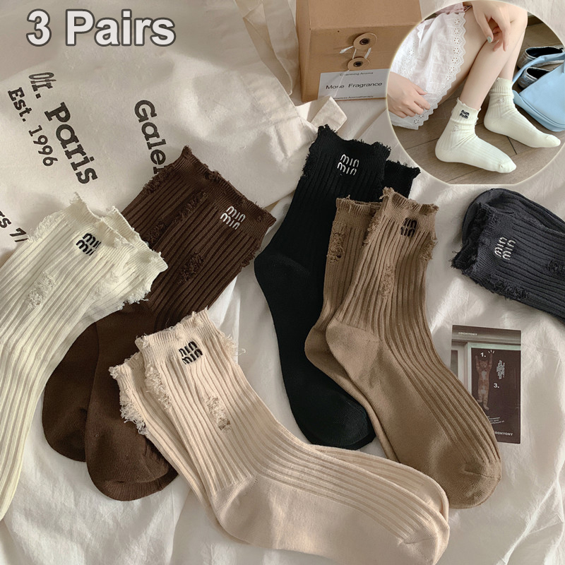 Embroidery On Socks - 3 ペアの高級ブランド靴下女性用デザイナーコットントレンディな刺繍文字デザイン個性パンクファッション秋用