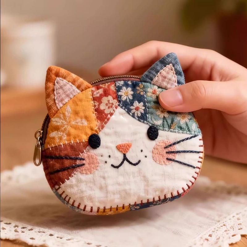 Embroidery Wallet - 和風カラーブロックパッチワーク猫型小銭入れ漫画風個性派高級化粧ポーチ学生用定規セット文房具収納バッグ
