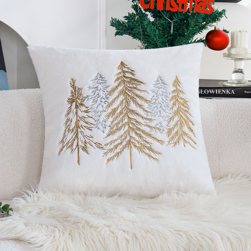 Embroidery Xmas - クリスマスフェイクラビットファー枕カバー 45x45cm ゴールドシルバー クリスマスツリー刺繍クッションケース クリスマスホームデコレーション ソファ用