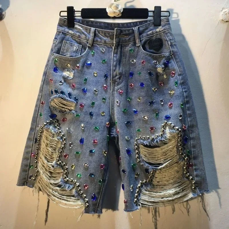 Embroidery Jeans Sakura - 2025年夏 ショートパンツ ハイウエスト ジーンズ ホールショーツ レディース