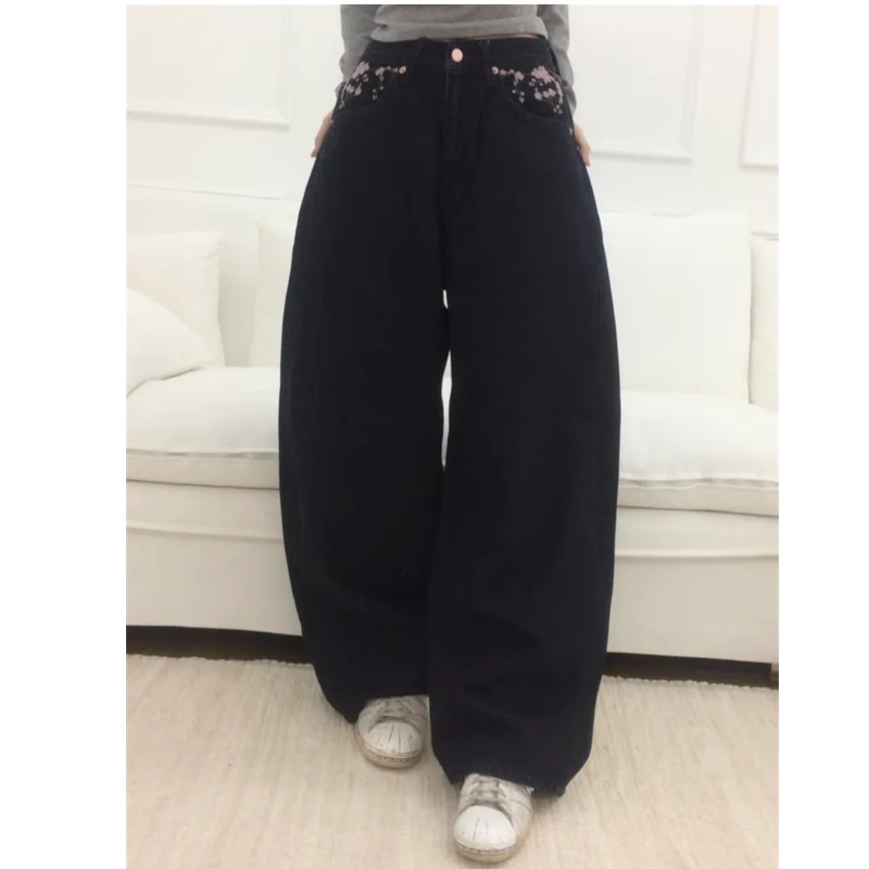 サクラ刺繍ルーズスカイジージーンズカジュアルハイウエストスト - Embroidery Jeans Sakura のレビューと価格