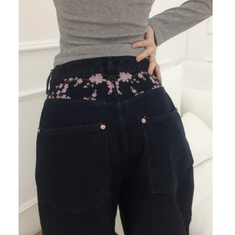 サクラ刺繍ルーズスカイジージーンズカジュアルハイウエストスト - Embroidery Jeans Sakura のレビューと価格
