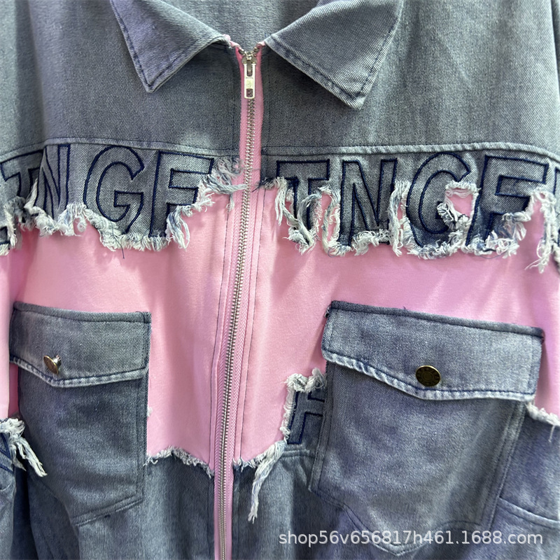 カラーブロック刺繍文字ルーズジップ半袖カーディガンコート+伸 - Embroidery Jeans Sakura のレビューと価格