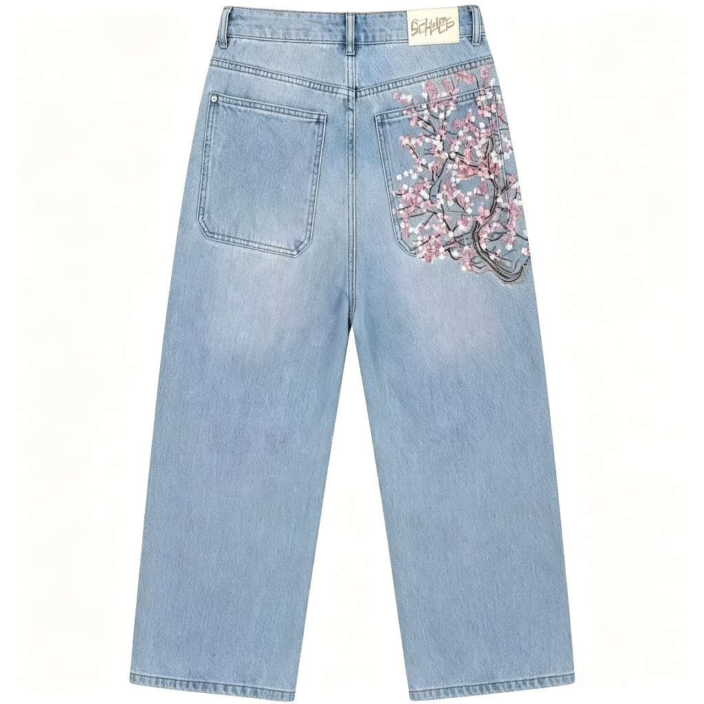 ハイウエストルーズストレートジーンズ ティーン向け カジュア - Embroidery Jeans Sakura のレビューと価格