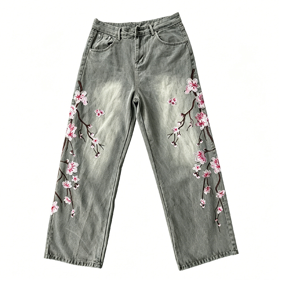 ハイウエストルーズストレートジーンズ ティーン向け カジュア - Embroidery Jeans Sakura のレビューと価格