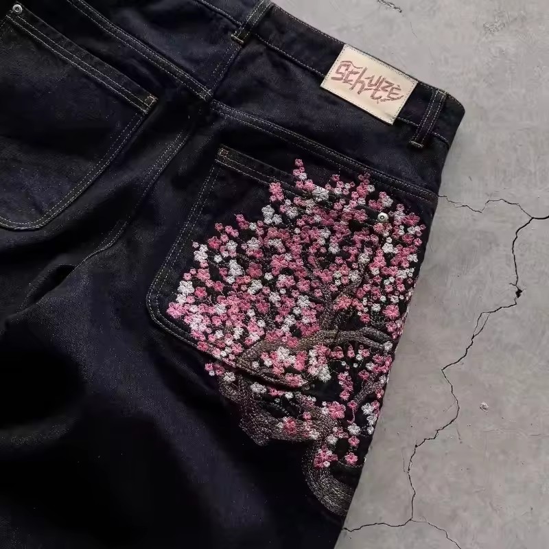 Y2K メンズ レディース 原宿ヒップホップ刺繍レトロ黒だぶ - Embroidery Jeans Sakura のレビューと価格
