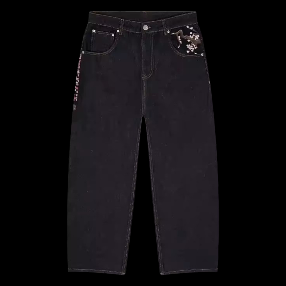 Y2K メンズ レディース 原宿ヒップホップ刺繍レトロ黒だぶ - Embroidery Jeans Sakura のレビューと価格