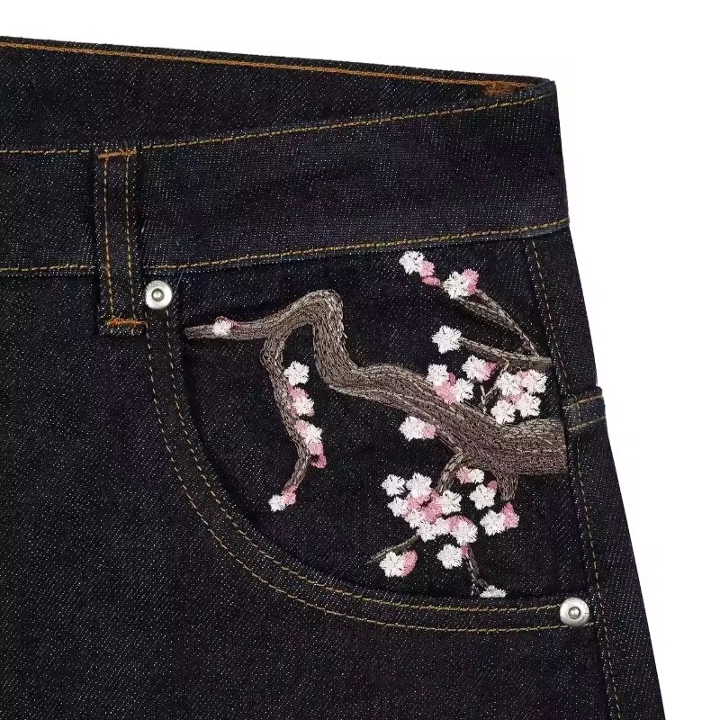 Y2K メンズ レディース 原宿ヒップホップ刺繍レトロ黒だぶ - Embroidery Jeans Sakura のレビューと価格