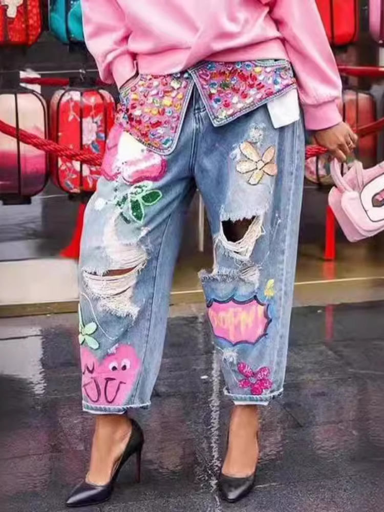 シックな女性の春の花刺繍ダイヤモンドビーズ穴デニムパンツハイ - Embroidery Jeans Sakura のレビューと価格
