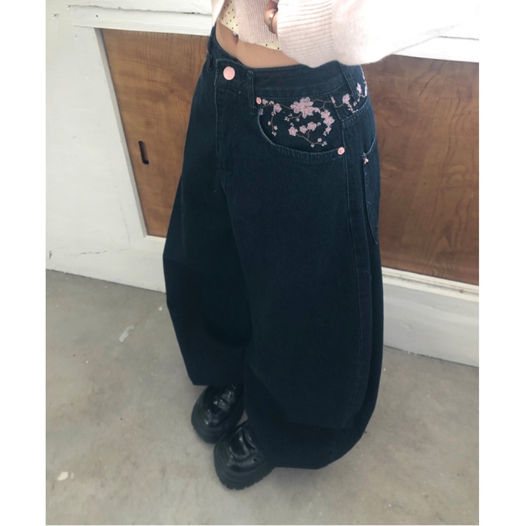 2026年春 ハイウエスト桜刺繍ワイドレッグジーンズ おしゃ - Embroidery Jeans Sakura のレビューと価格