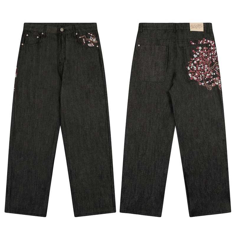 サクラ刺繍ストレートレッグジーンズメンズデニムパンツミッドウ - Embroidery Jeans Sakura のレビューと価格