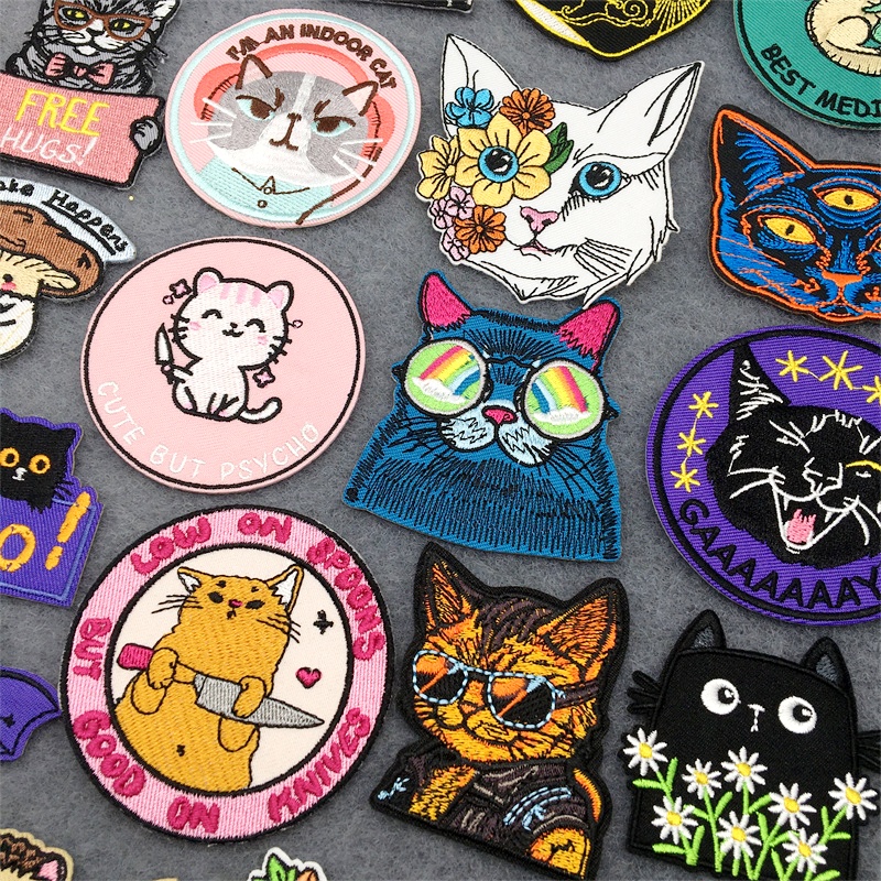 猫の顔刺繍パッチ漫画動物パッチアイアンでパッチ衣料用熱接着パ - Embroidery Converse のレビューと価格