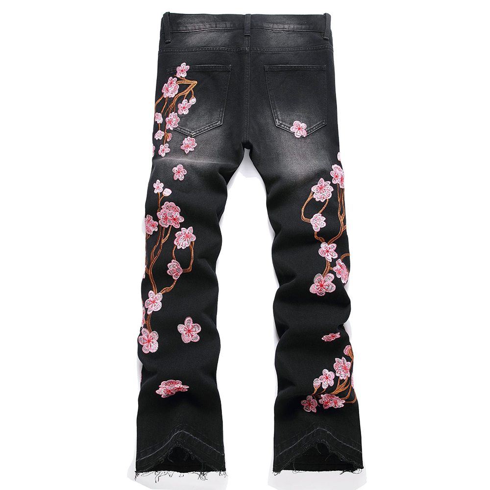 メンズ桜刺繍デニムジーンズストリートウェアブーツカットパンツ - Embroidery Jeans Sakura のレビューと価格