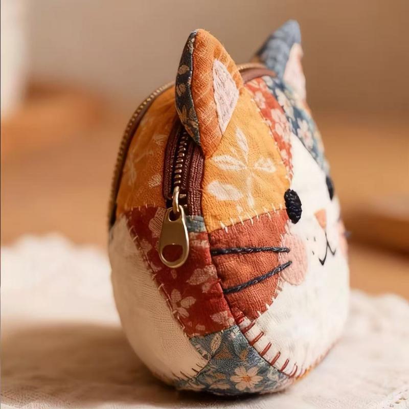 和風カラーブロックパッチワーク猫型小銭入れ漫画風個性派高級化 - Embroidery Wallet のレビューと価格