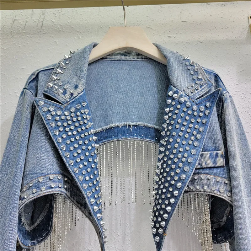 ラインストーンビーズタッセルリベットデニムジャケットショート - Embroidery Jeans Sakura のレビューと価格