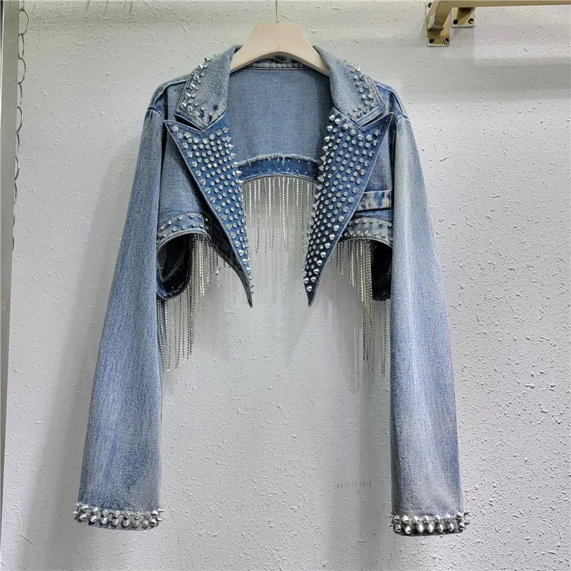 ラインストーンビーズタッセルリベットデニムジャケットショート - Embroidery Jeans Sakura のレビューと価格