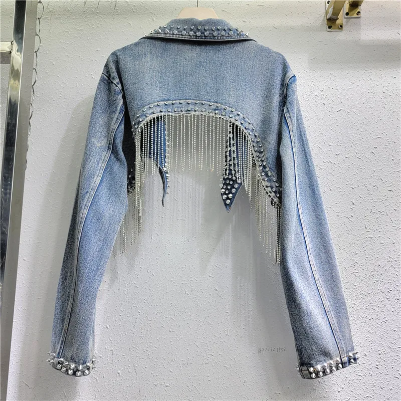 ラインストーンビーズタッセルリベットデニムジャケットショート - Embroidery Jeans Sakura のレビューと価格
