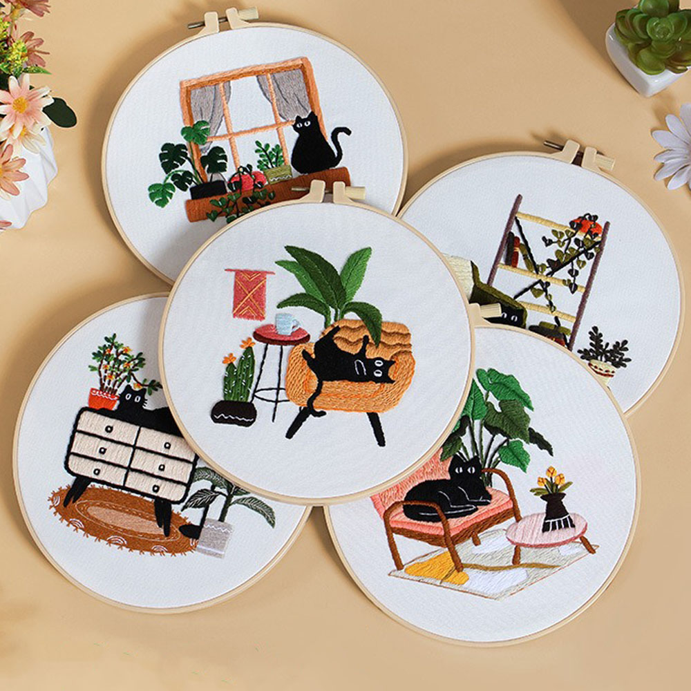 黒猫デザインの刺繍キット |   初心者向けスタンプ刺繍用品 - Embroidery Ideas For Bags のレビューと価格