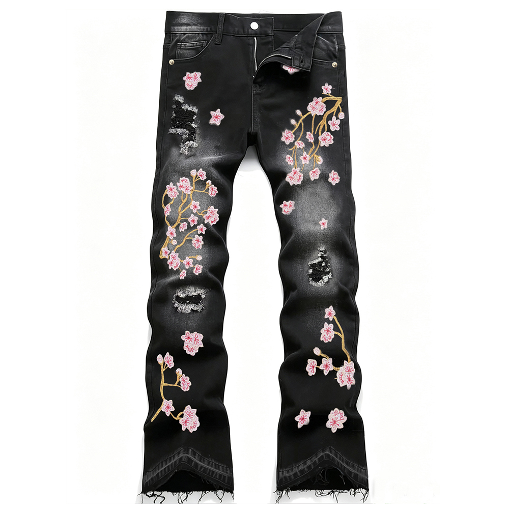 メンズブーツカットストレッチデニムジーンズ ストリートウェア - Embroidery Jeans Sakura のレビューと価格