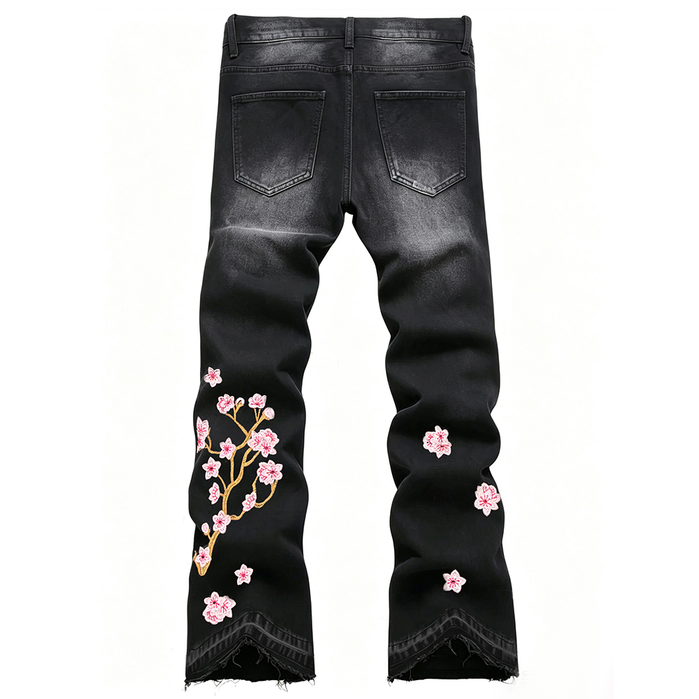 メンズブーツカットストレッチデニムジーンズ ストリートウェア - Embroidery Jeans Sakura のレビューと価格